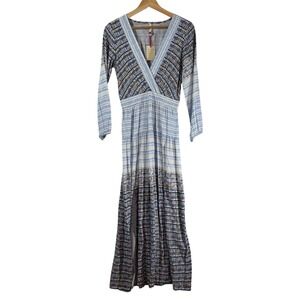 Raga | NWT Boho Maxi Geometric Print Blue White Long Sleeve V Neck Women's S